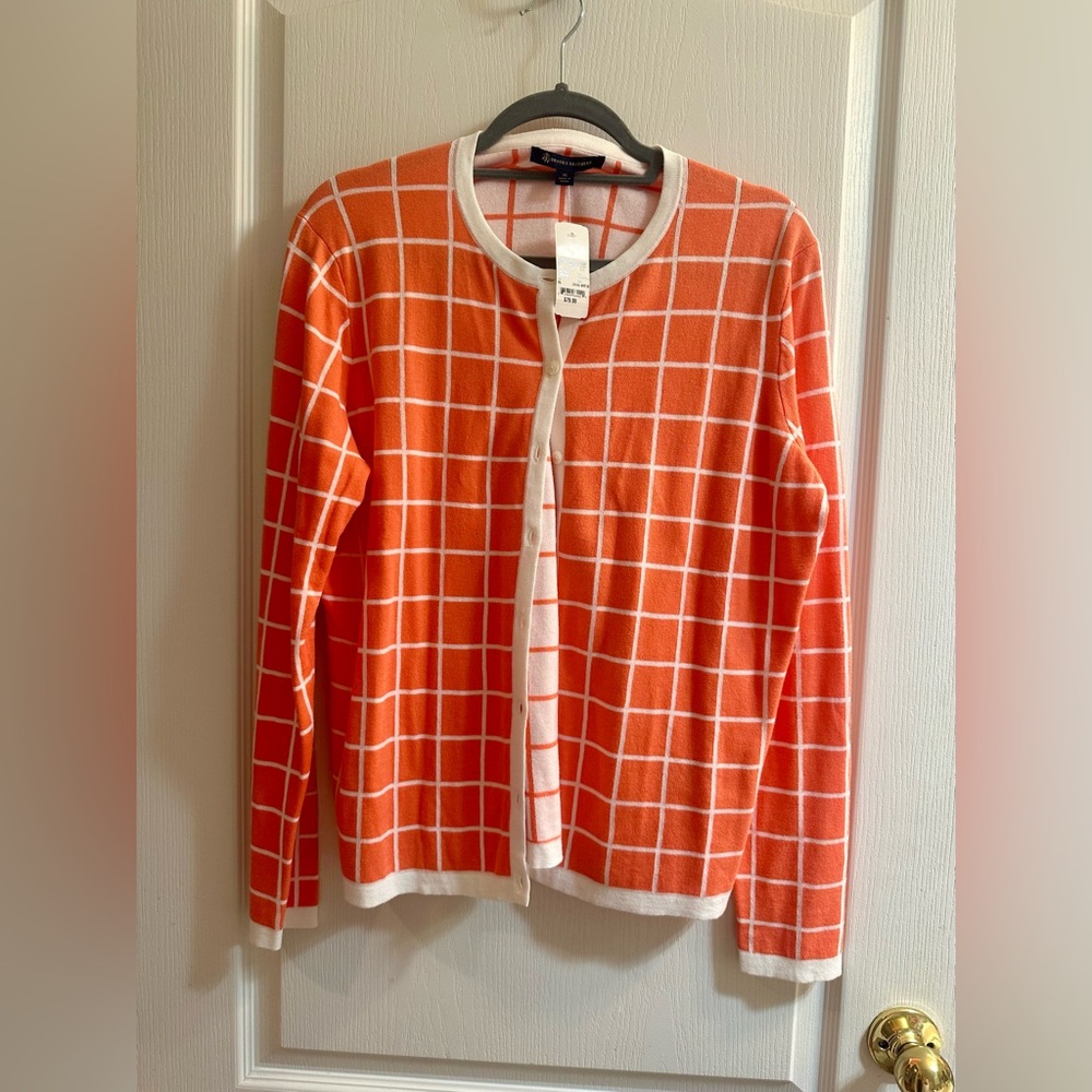 Brooks Brothers Orange Windowpane Grid Cardigan with White Trim